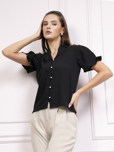 Athena Black Self Design Shirt Style Top