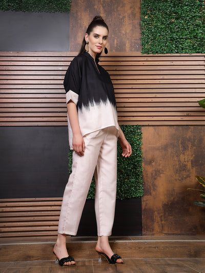 Athena Black Colourblocked Mandarin Collar Linen Top With Trousers