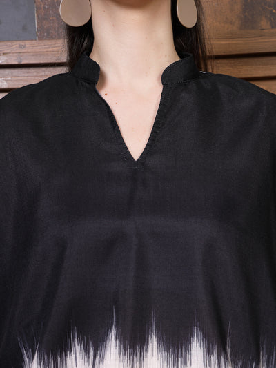 Athena Black Colourblocked Mandarin Collar Linen Top With Trousers