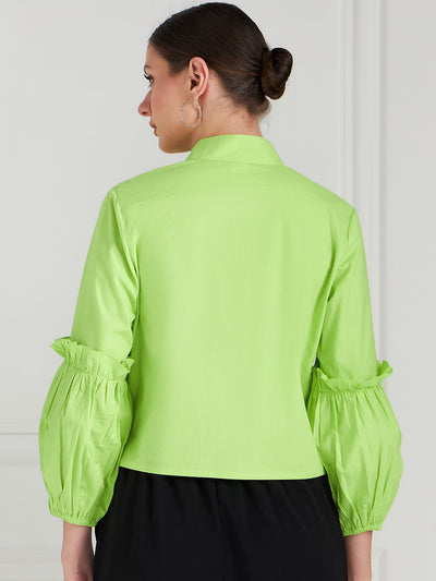 Athena Lime Green Shirt Collar Cuffed Sleeves Ruffled Cotton Shirt Style Top - Athena Lifestyle