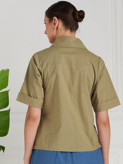 Athena Olive Green Pleated Cotton Shirt Style Top - Athena Lifestyle