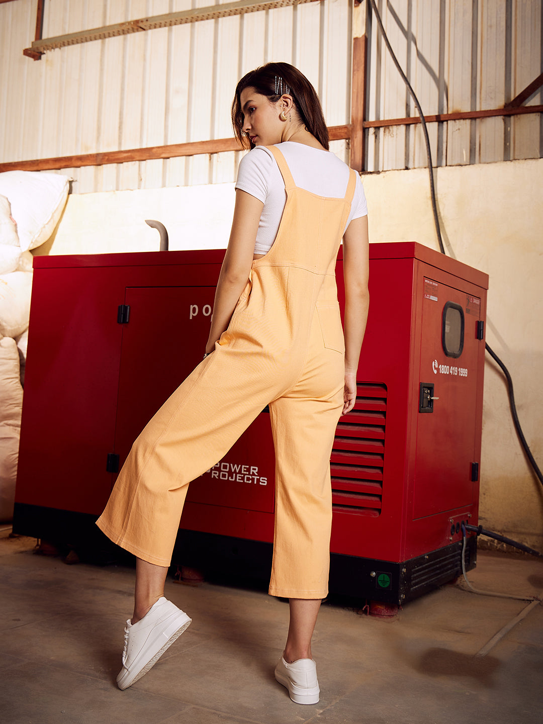 Athena Peach Straight Leg Denim Dungarees - Main Image