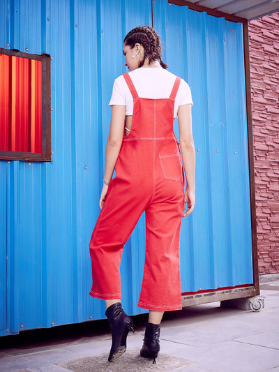 Athena Red Cropped Straight Leg Denim Dungarees