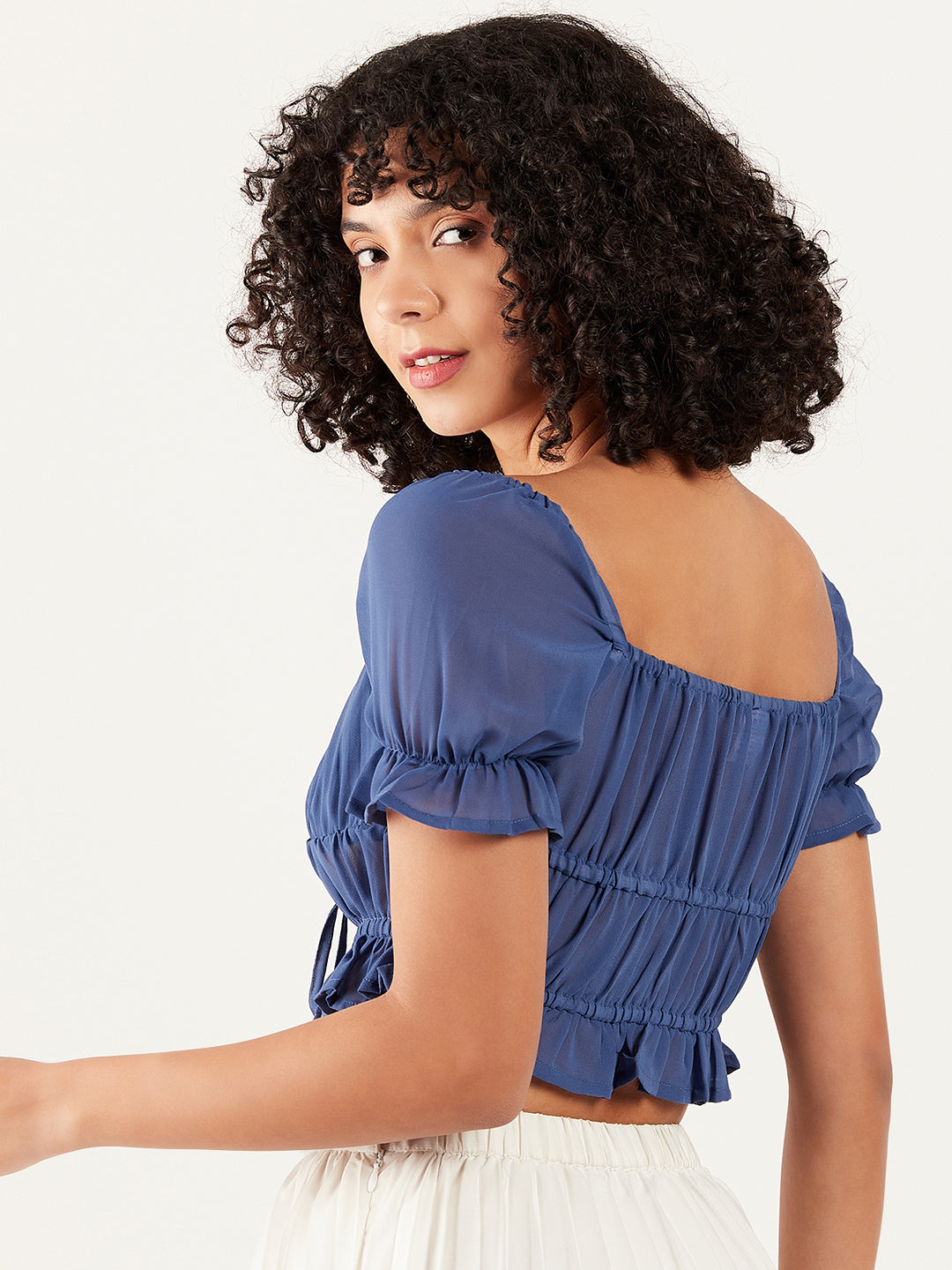 Athena Sweetheart Neck Puff Sleeve Gathered Cinched Waist Crop Top