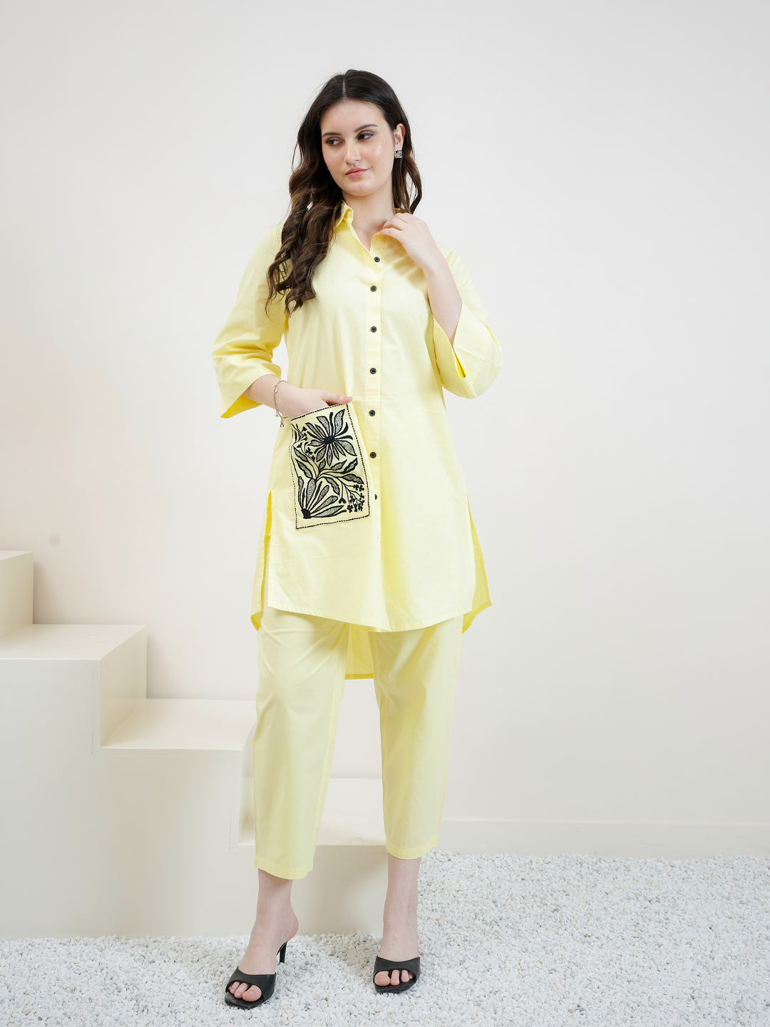 Florak Embroidered Shirt Collar Patchwork Pure Cotton Kurta With Trousers
