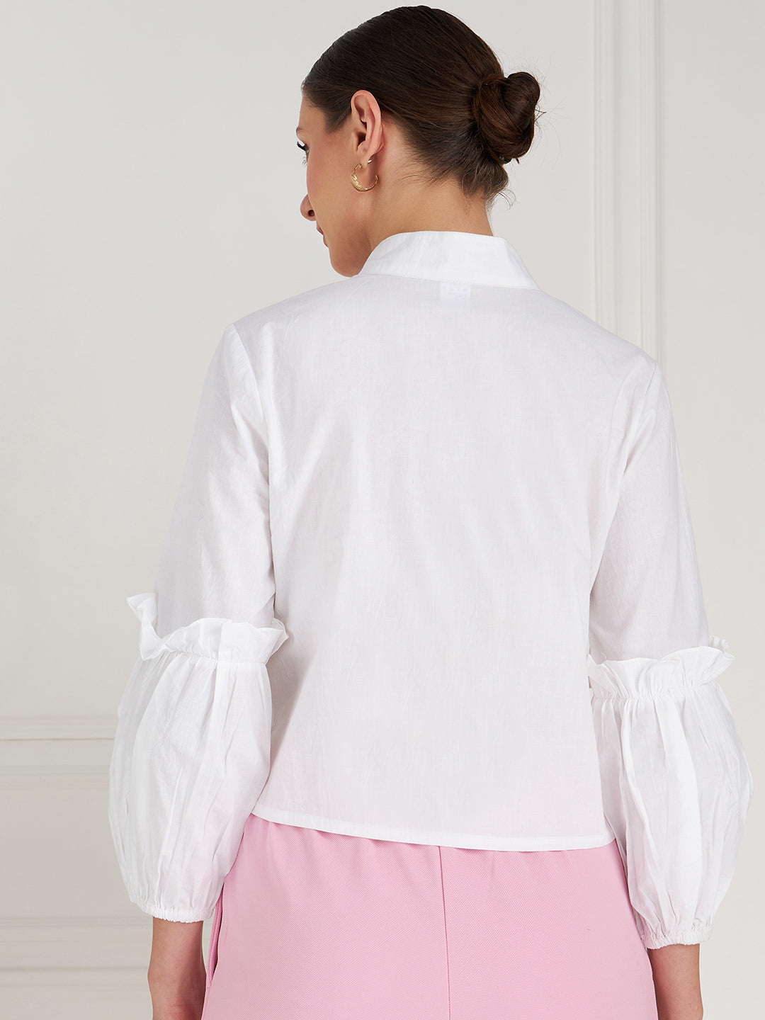 Athena White Mandarin Collar Puff Sleeves Ruffled Cotton Shirt Style Top - Athena Lifestyle