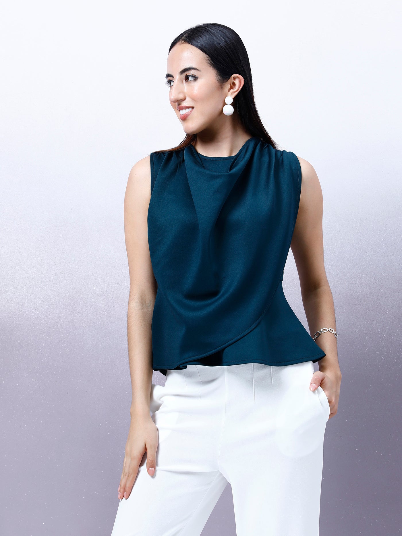 Athena Cowl Neck Layered Peplum Top