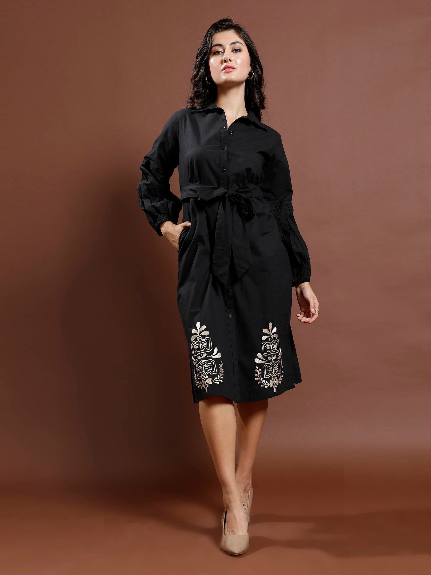 Athena Bohemian Women Embroidered Puff Sleeve Shirt Midi Dress