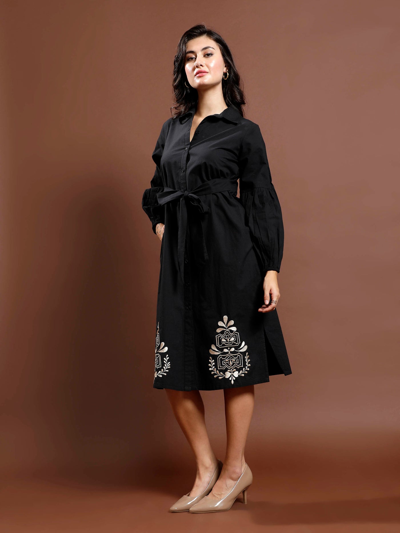 Athena Bohemian Women Embroidered Puff Sleeve Shirt Midi Dress