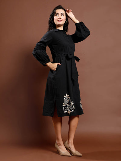 Athena Bohemian Women Embroidered Puff Sleeve Shirt Midi Dress