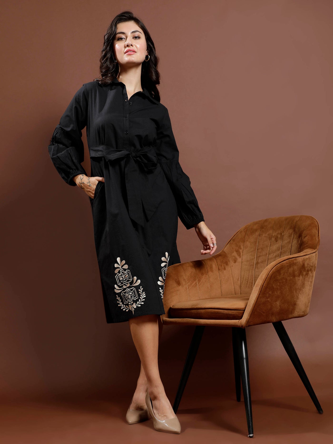 Athena Bohemian Women Embroidered Puff Sleeve Shirt Midi Dress