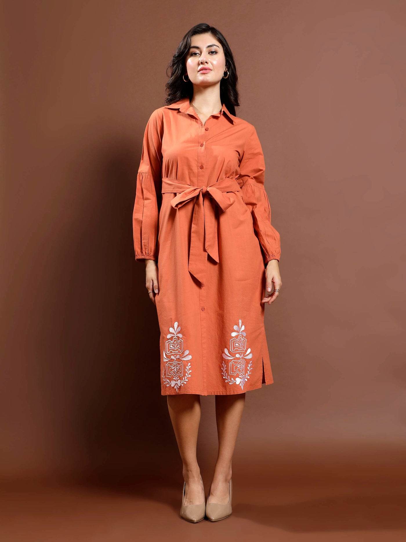 Boho By Athena Bohemian Embroidered Puff Sleeve Shirt Midi Dress