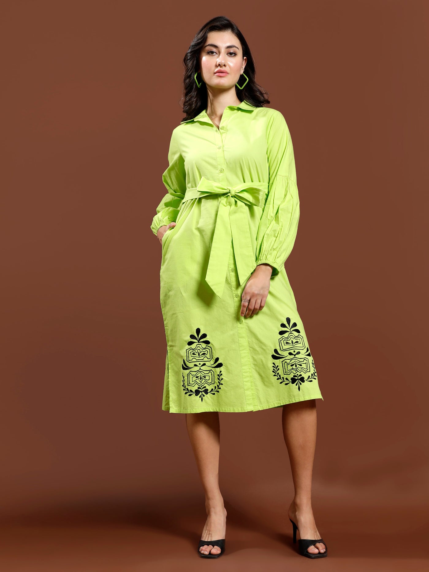 Women Bohemian Embroidered Puff Sleeve Shirt Midi Dress