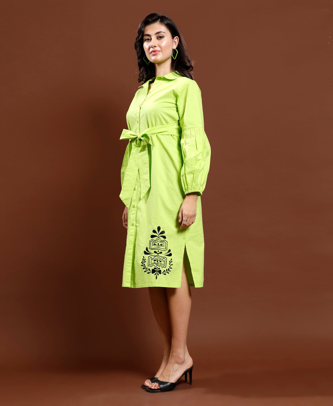 Women Bohemian Embroidered Puff Sleeve Shirt Midi Dress