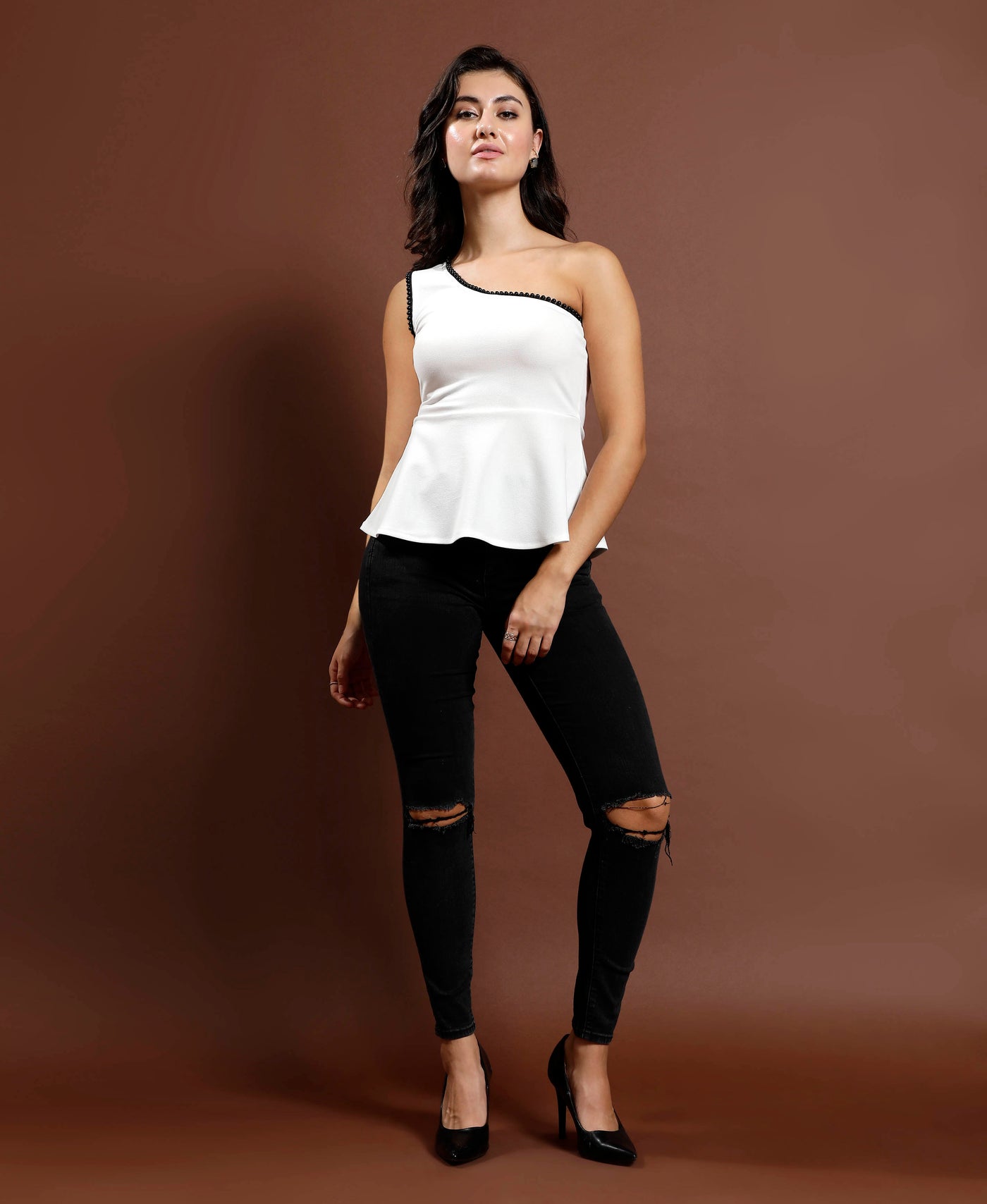 Athena Embellished One Shoulder Peplum Top