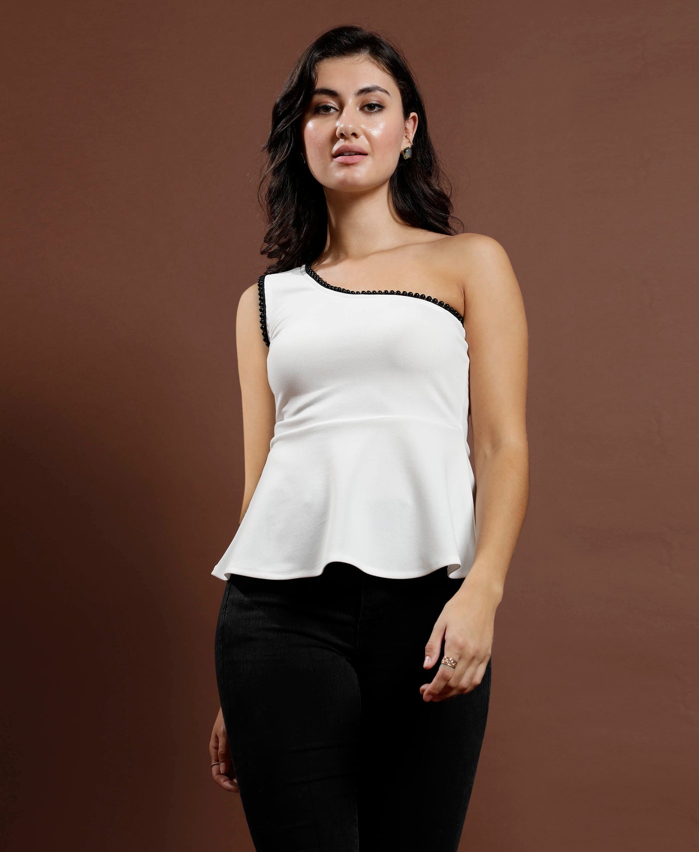 Athena Embellished One Shoulder Peplum Top