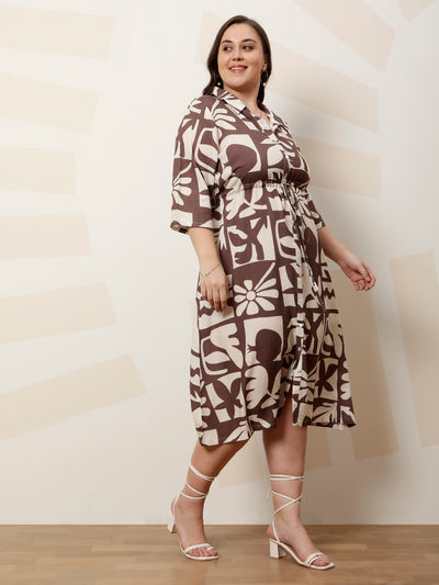 Athena Ample Plus Size Printed Shirt Collar Fit and Flare Midi Dress