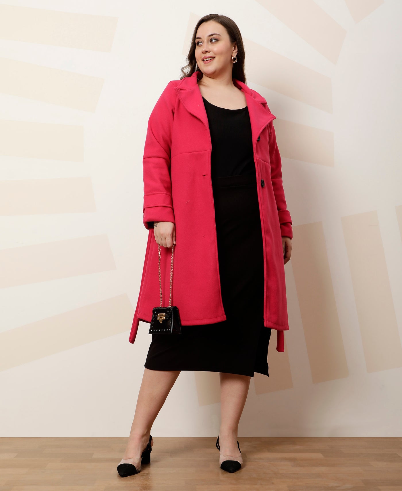 Athena Ample Plus Size Solid Notched Lapel Longline Overcoat With Tie Up Waist