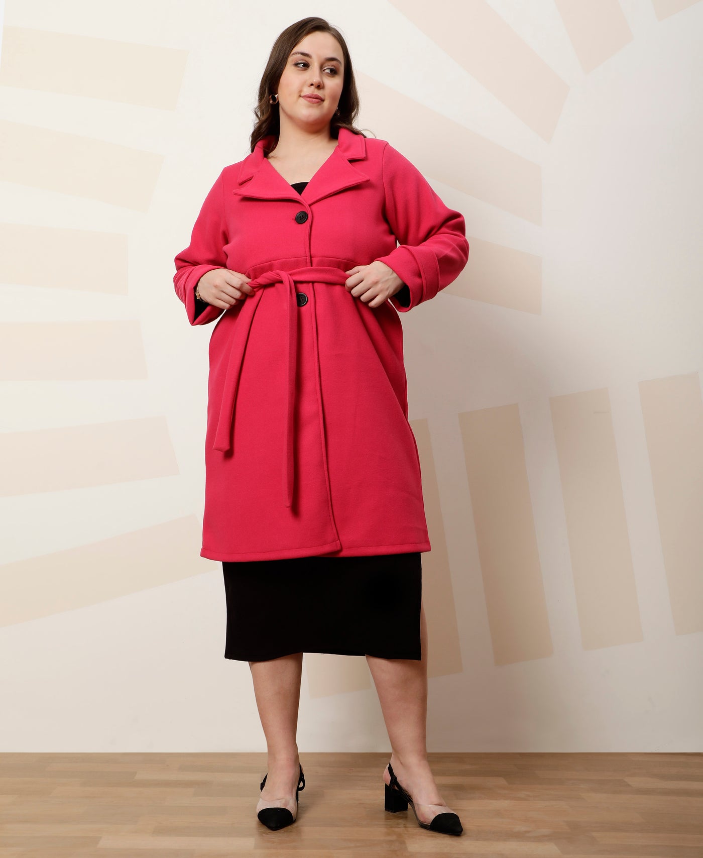 Athena Ample Plus Size Solid Notched Lapel Longline Overcoat With Tie Up Waist