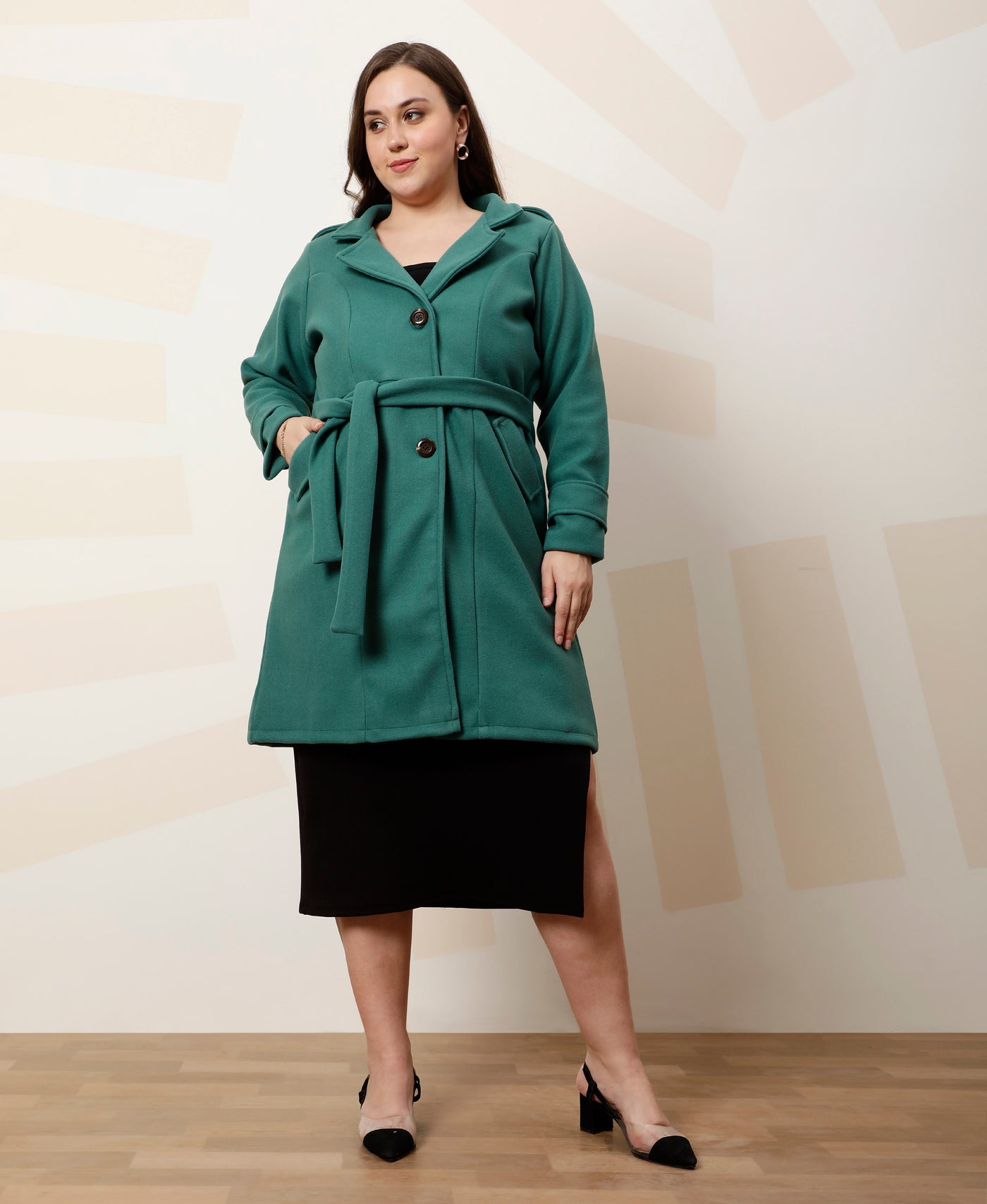 Athena Ample Plus Size Solid Longline Notched Lapel Woolen Overcoat