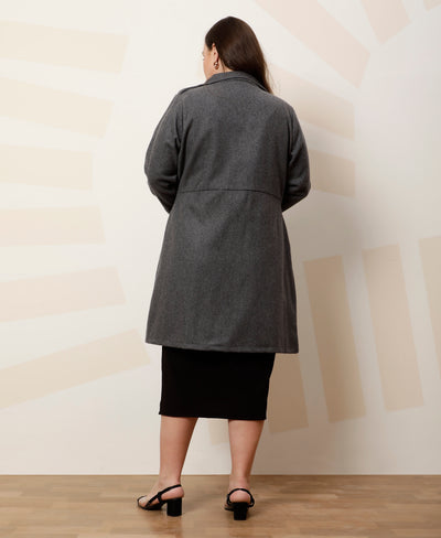 Athena Ample Plus Size Solid Longline Notched Lapel Woolen Overcoat