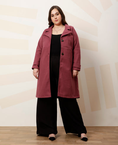 Athena Ample Plus Size Solid Notched Lapel Longline Overcoat With Tie Up Waist