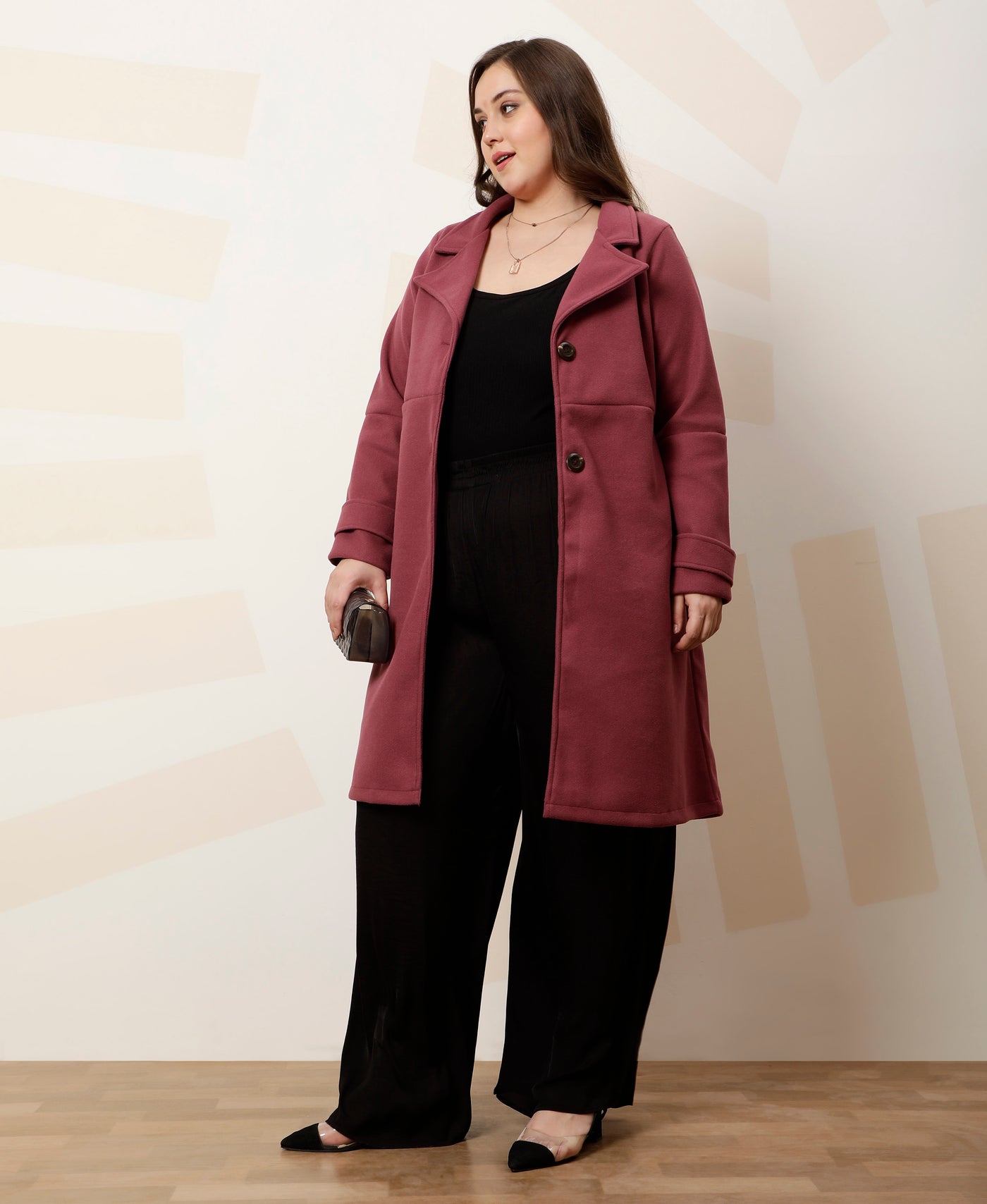 Athena Ample Plus Size Solid Notched Lapel Longline Overcoat With Tie Up Waist