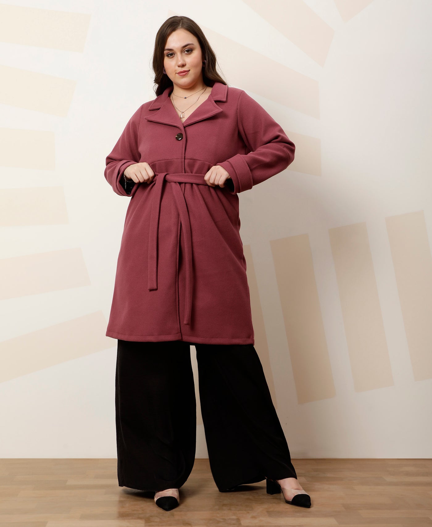 Athena Ample Plus Size Solid Notched Lapel Longline Overcoat With Tie Up Waist