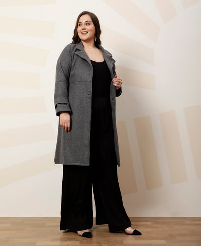 Athena Ample Plus Size Solid Notched Lapel Longline Overcoat With Tie Up Waist