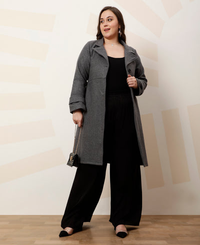 Athena Ample Plus Size Solid Notched Lapel Longline Overcoat With Tie Up Waist