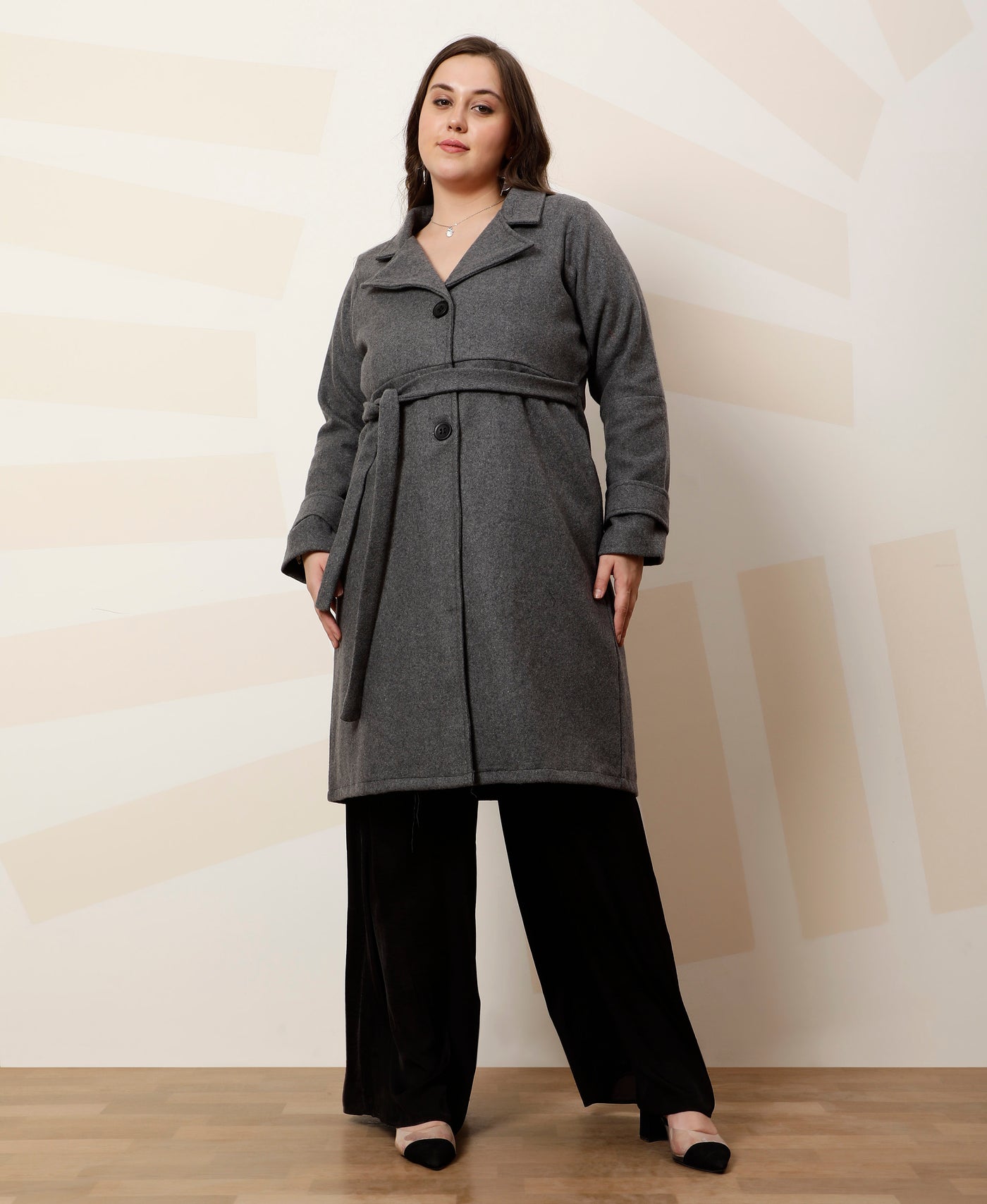 Athena Ample Plus Size Solid Notched Lapel Longline Overcoat With Tie Up Waist