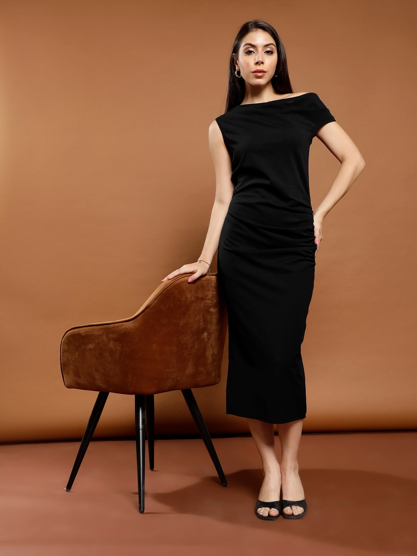 Athena Women Solid Off-Shoulder Bodycon Midi Dress –