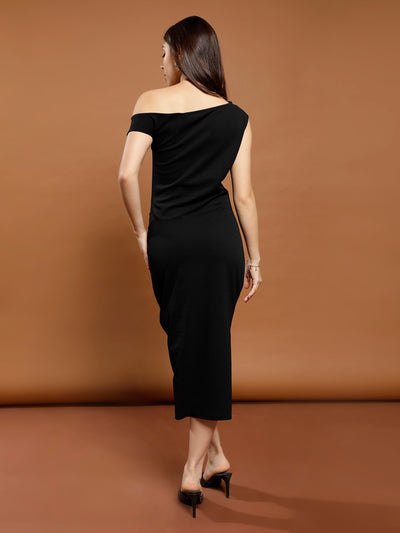 Athena Women Solid Off-Shoulder Bodycon Midi Dress