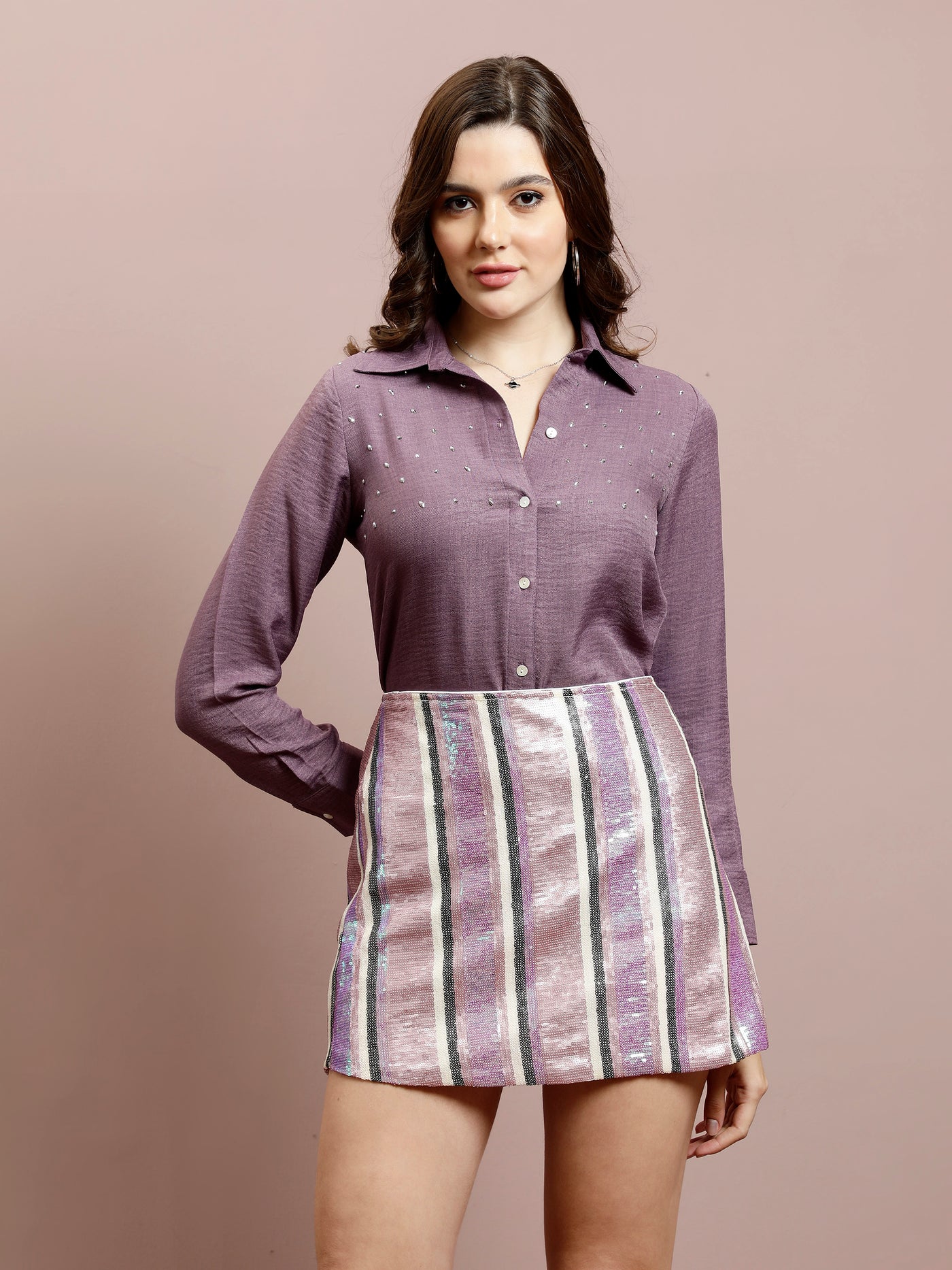 Athena Embellished Long Sleeves Shirt With Skirt Co-Ords