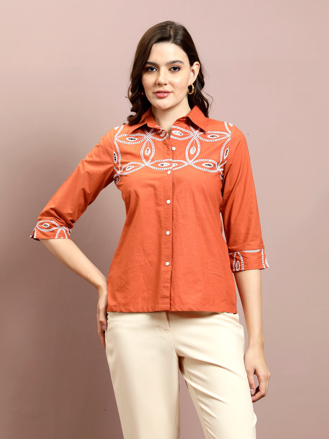 Athena Women Embellished Shirt Collar Cotton Top