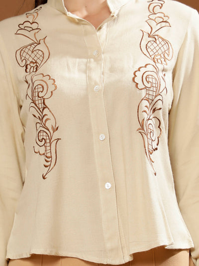 Boho By Athena Embroidered Mandarin Collar Cotton Top