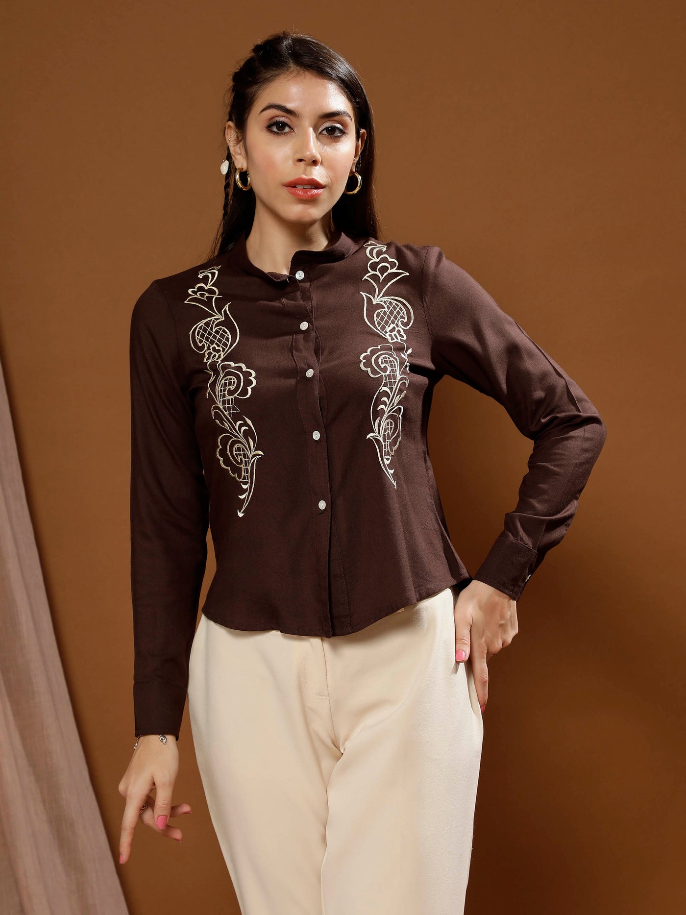 Boho By Athena Embroidered Mandarin Collar Cotton Top