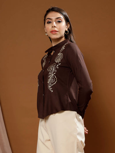 Boho By Athena Embroidered Mandarin Collar Cotton Top