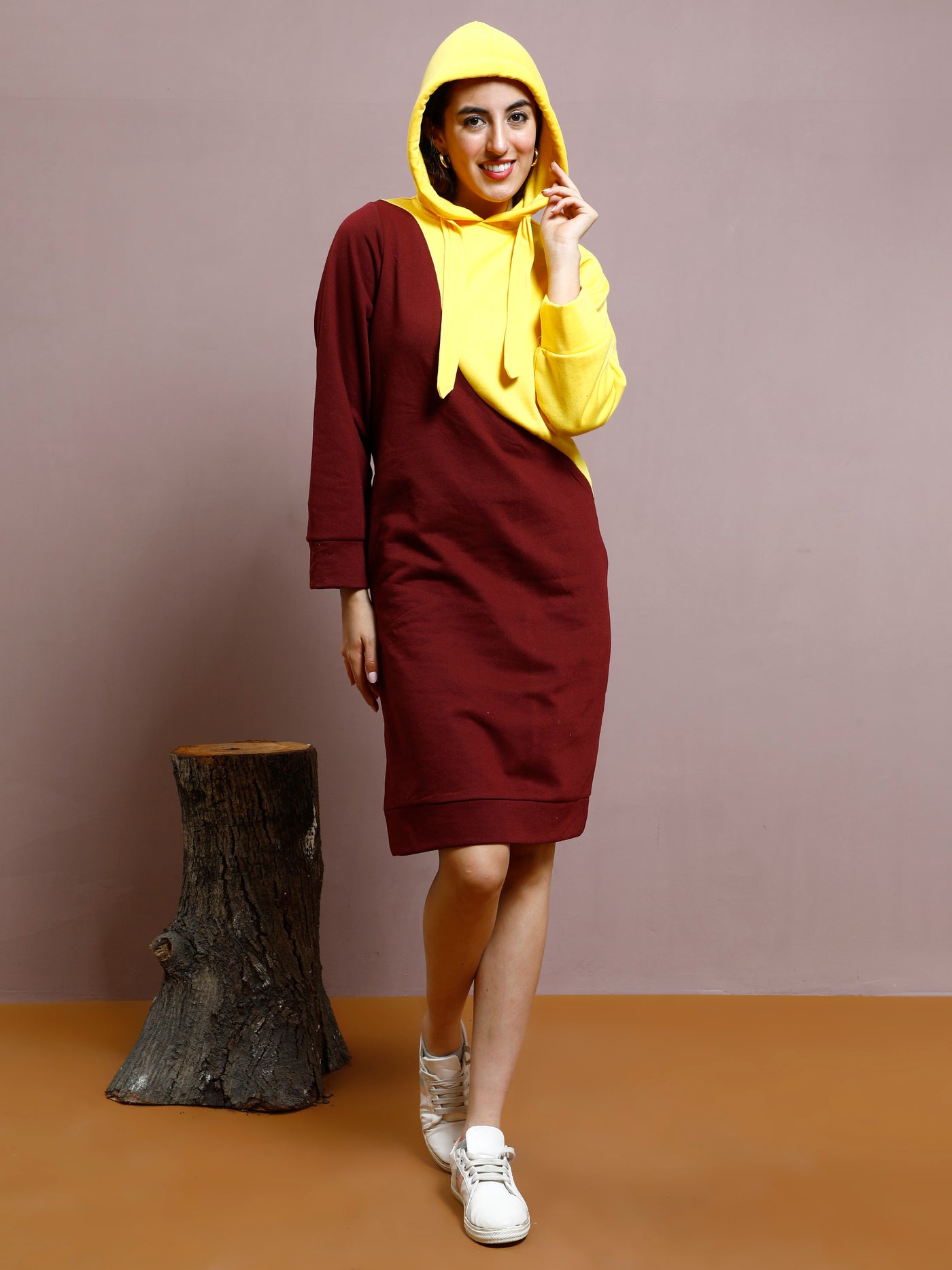 Athena Colourblocked Hooded Velvet Sheath Dress