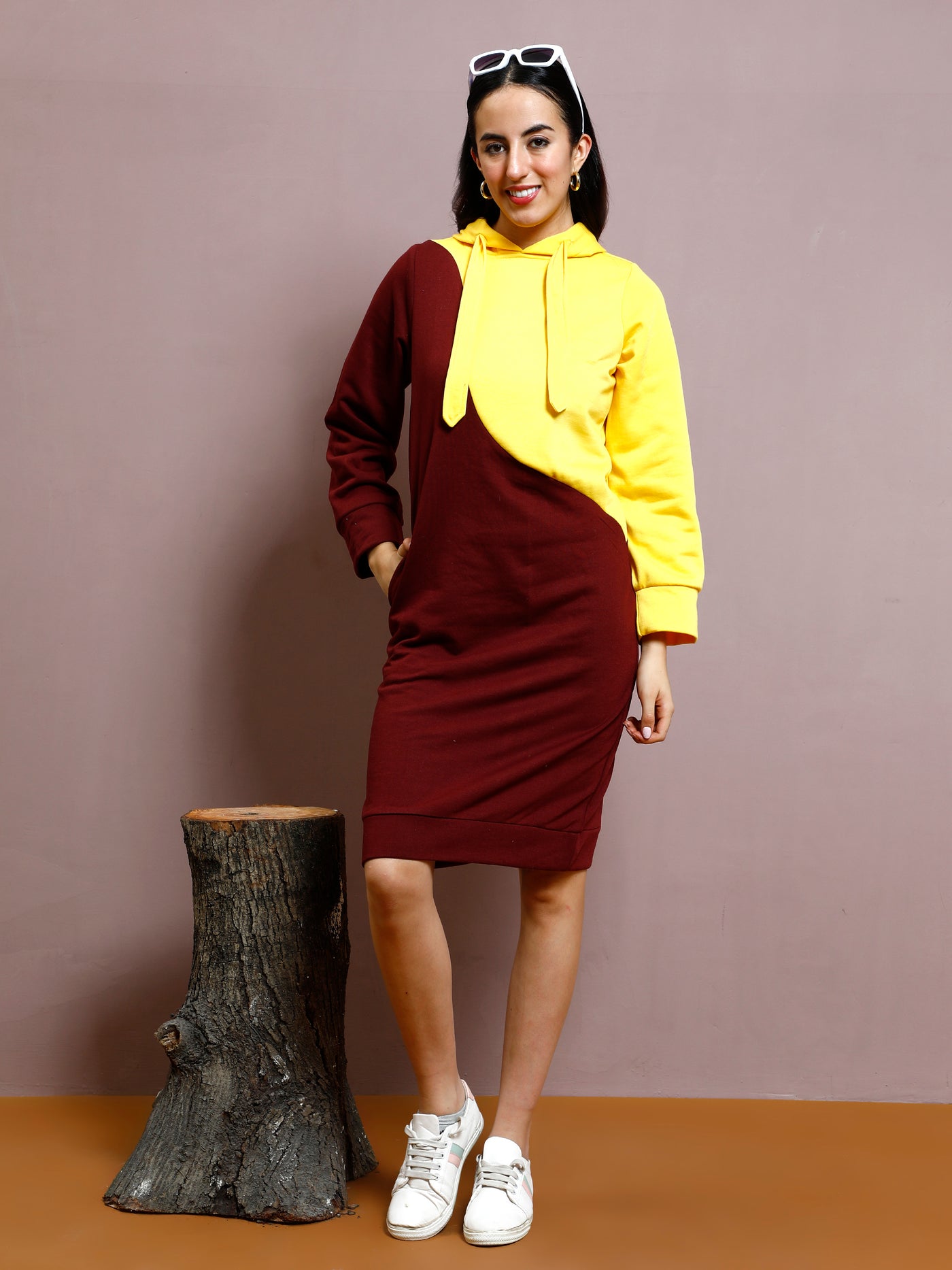 Athena Colourblocked Hooded Velvet Sheath Dress