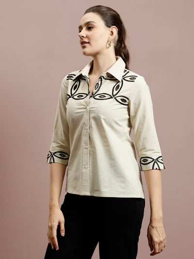 Athena Women Embellished Shirt Collar Cotton Top