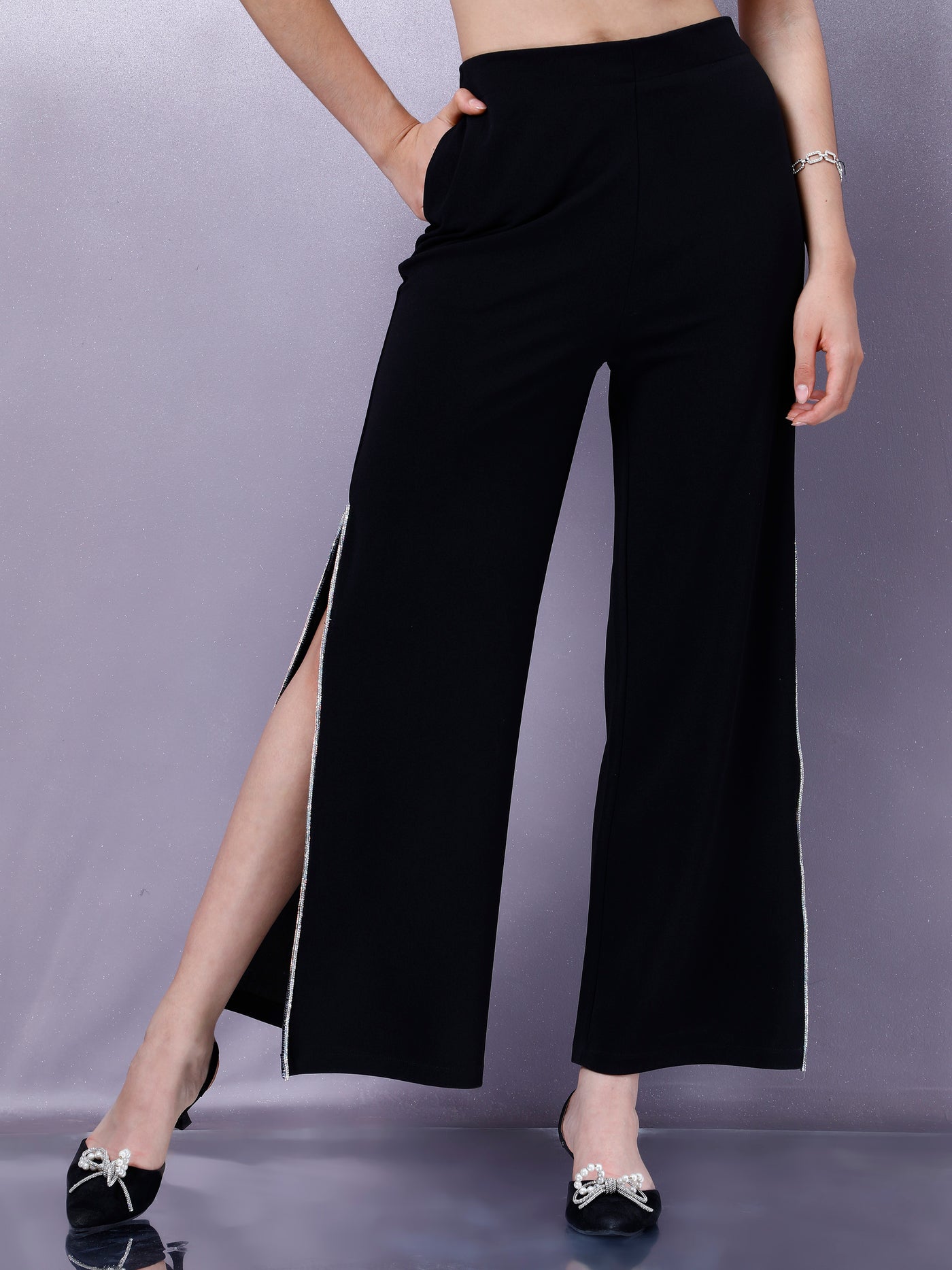 Athena Women Embellished Relaxed Straight Leg Flared Trousers