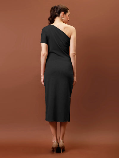 Athena One shoulder Rib Sheath Midi dress