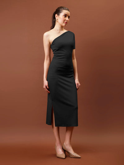 Athena One shoulder Rib Sheath Midi dress