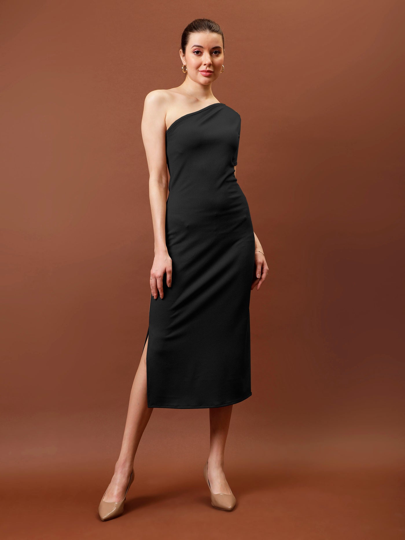 Athena One shoulder Rib Sheath Midi dress