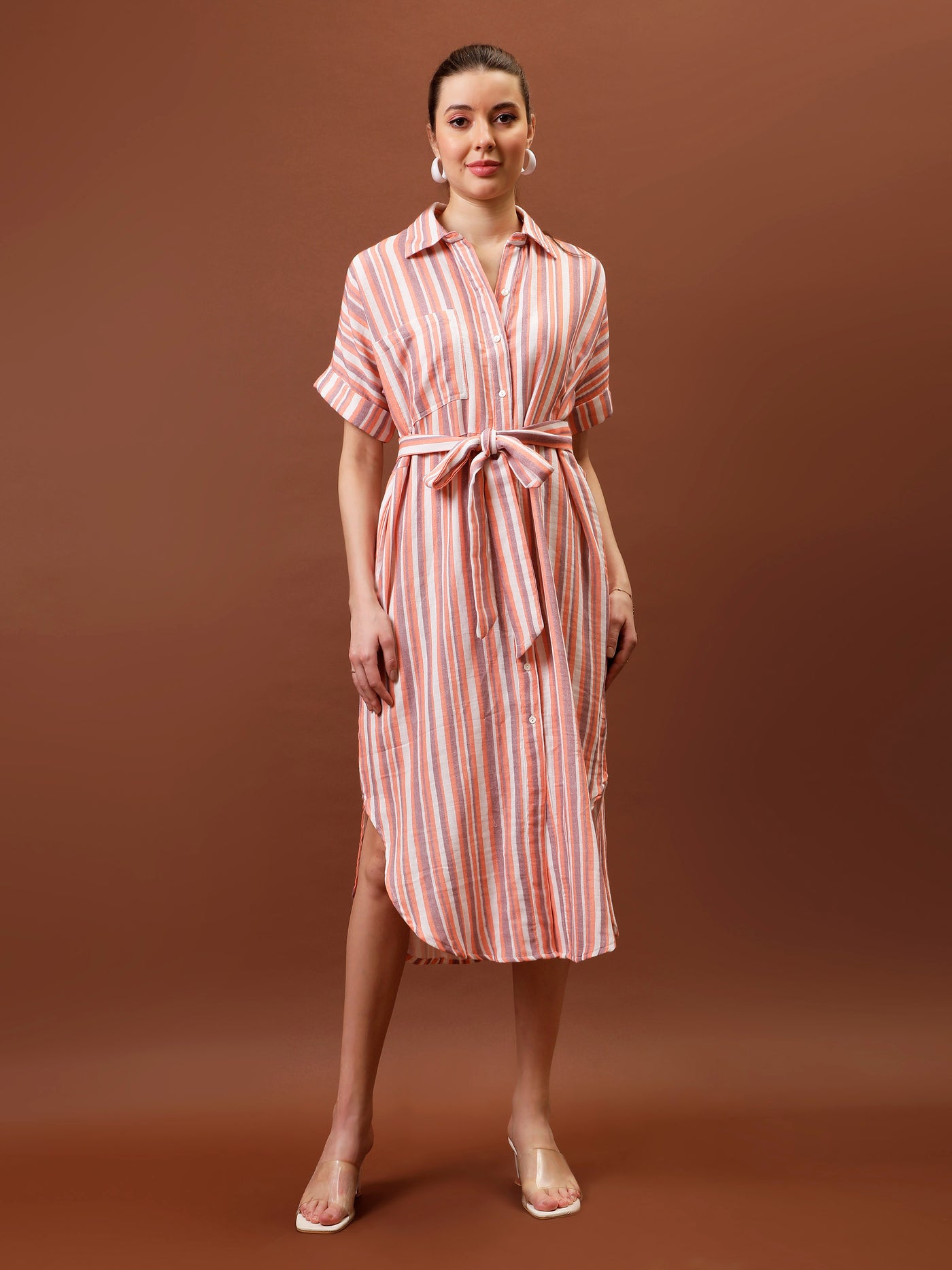 Athena Immutable Striped Shirt Collar Midi Shirt Dress