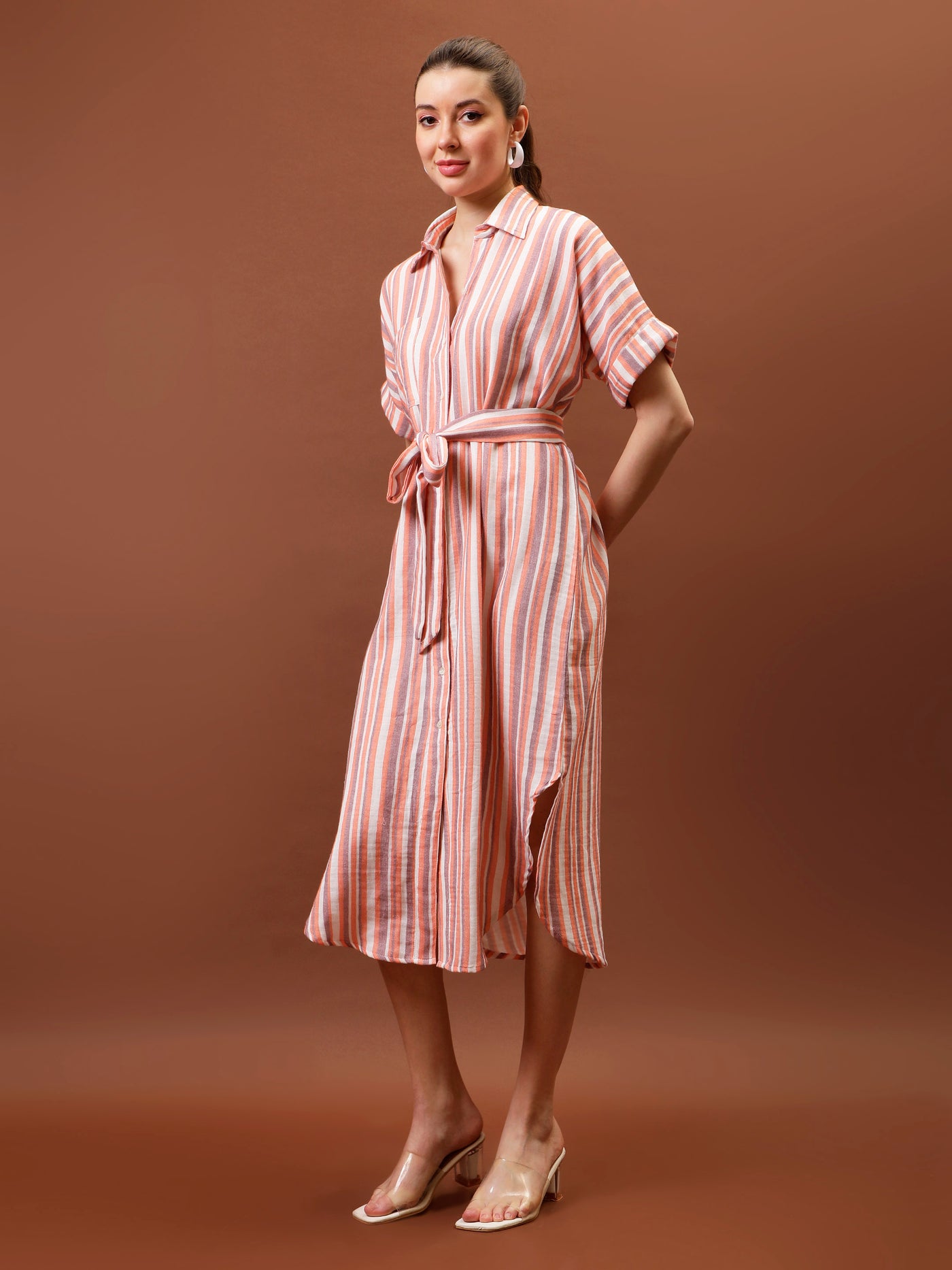 Athena Immutable Striped Shirt Collar Midi Shirt Dress