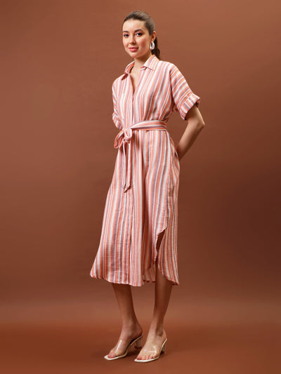 Athena Immutable Striped Shirt Collar Midi Shirt Dress