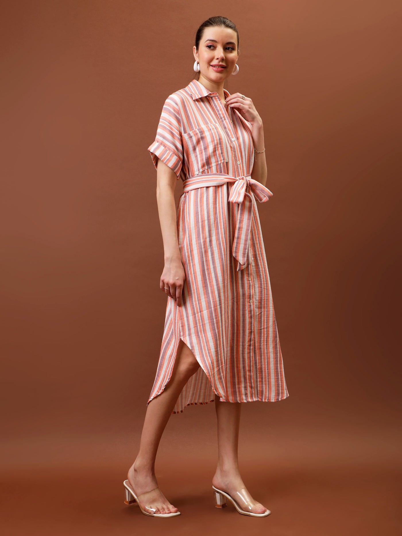 Athena Immutable Striped Shirt Collar Midi Shirt Dress