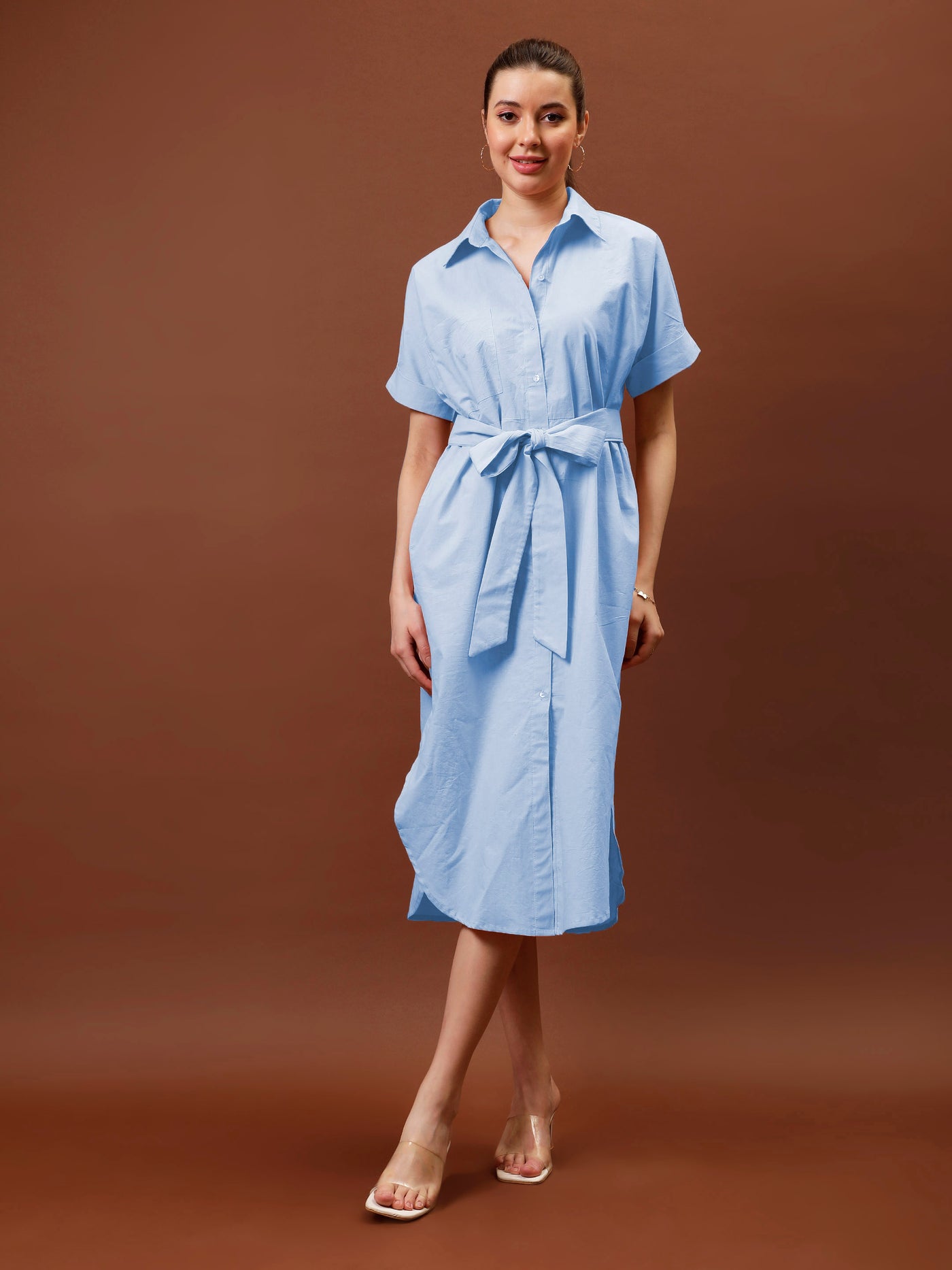 Athena Immutable Shirt Collar Curved Hem Midi Dress